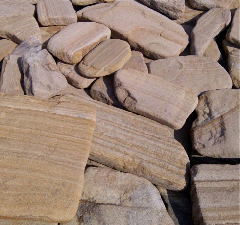 Kamenclub.ru: Песчаник пластушка галтованный желтый с рисунком (3 см)  купить в Люберцах плитняк - пластушка желтый песчаник 21000 руб/м3   фото КАМЕНЬ КЛУБ